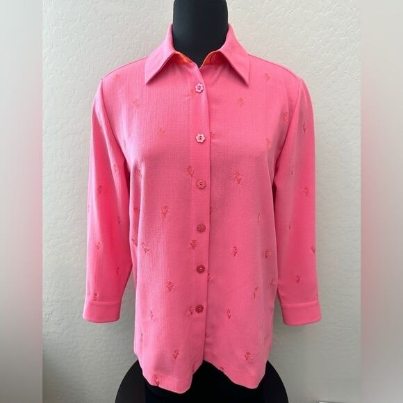 DRAPER’S & DAMON’S Petites Button Up Pink Blouse Embroidered Long Sleeve | Small - Picture 2 of 7